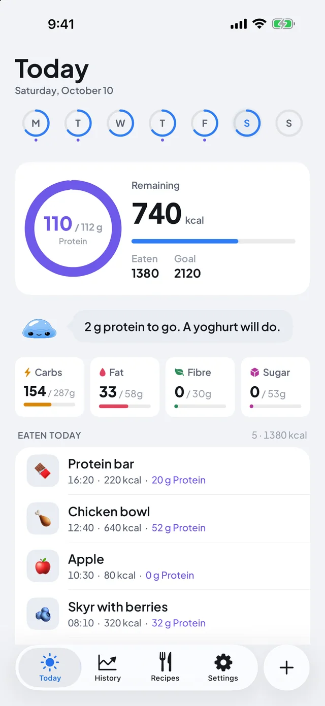 Nomi's Today screen: protein ring, calories remaining and today's meals